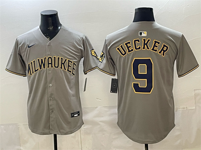 Men's Milwaukee Brewers #9 Bob Uecker Grey Home Limited Stitched Jersey